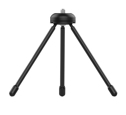 Compact black portable tripod stand with three foldable legs and a screw mount for cameras or lights