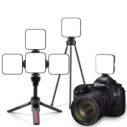 Canon EOS 5DS camera with portable LED fill lights mounted on tripods and camera for photography lighting
