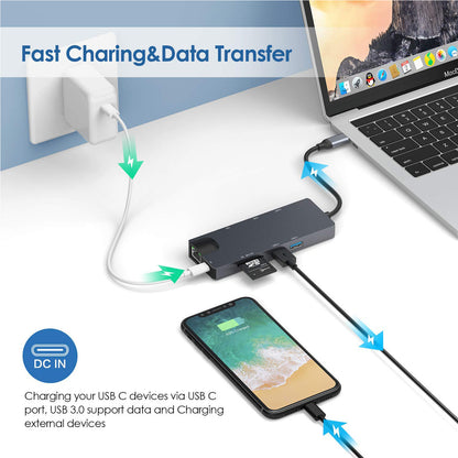 USB-C hub multiport adapter connected to laptop, charging smartphone and transferring data