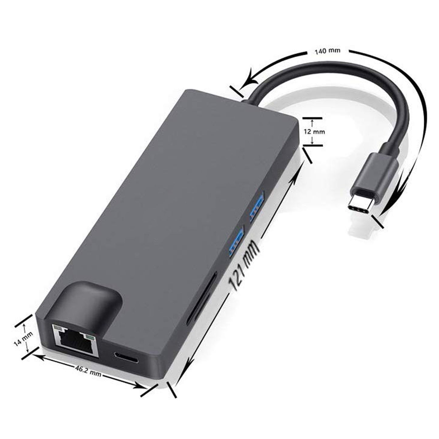 Gray Trendoligy USB-C hub multiport adapter with Ethernet, USB ports, and cable dimensions shown