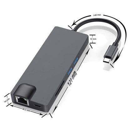Gray Trendoligy USB-C hub multiport adapter with Ethernet, USB ports, and cable dimensions shown