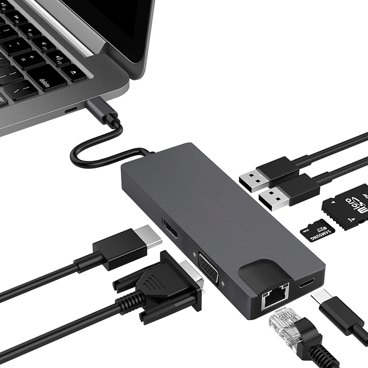 Grey Trendoligy USB-C hub multiport adapter with HDMI, VGA, Ethernet, SD card slots connected to laptop