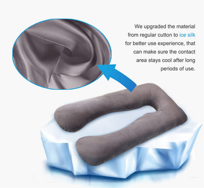 Grey U-shape maternity pillow with cooling ice silk fabric overlay on an ice block