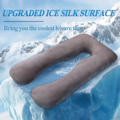 Grey U-shape maternity pillow with upgraded cooling ice silk surface on icy mountain background