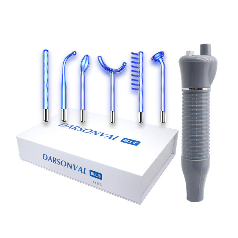 Darsonval Blue high frequency electrotherapy skin care wand set with six glass electrode attachments on box