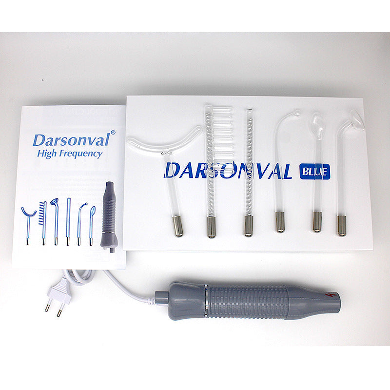Darsonval high frequency electrotherapy skin care wand set with six glass electrode attachments and user manual