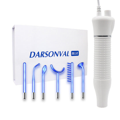 Darsonval Blue high frequency electrotherapy skin care wand set with six blue glass electrodes and white handle