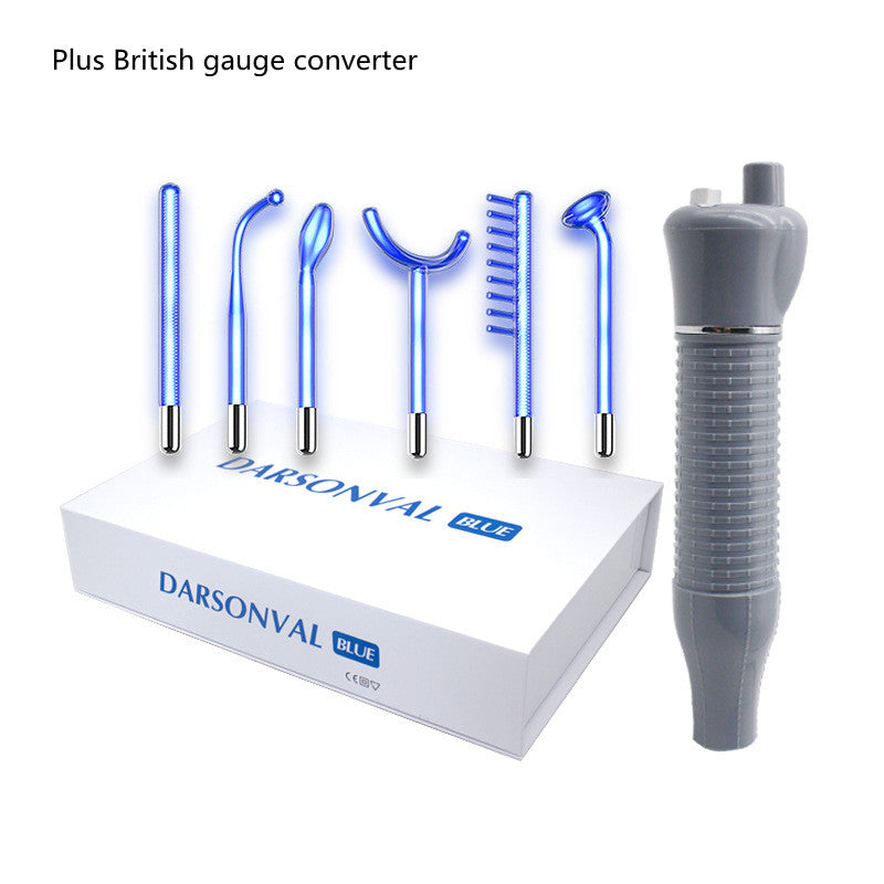 Darsonval Blue high frequency electrotherapy skin care wand set with six blue glow glass electrodes and grey handle