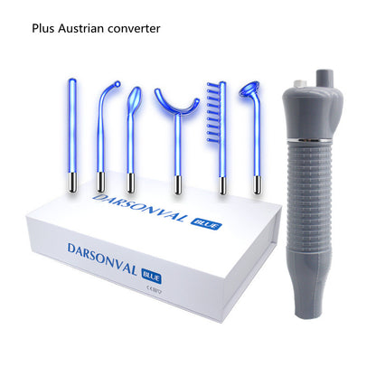 Darsonval Blue high-frequency electrotherapy skin care wand set with six blue-glowing glass electrodes and a gray handle