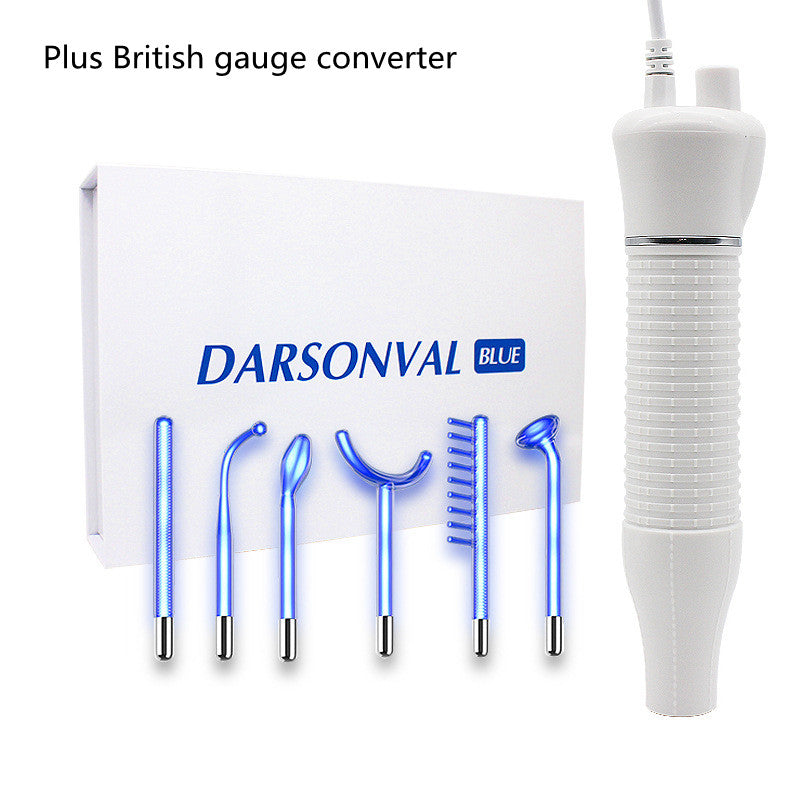 White Darsonval Blue high frequency electrotherapy wand set with six blue glowing glass electrodes and British gauge converter