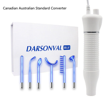 Darsonval Blue six-piece high frequency electrotherapy skincare wand set with interchangeable glass electrode tips