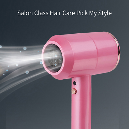 Pink salon hair dryer blowing airflow with text Salon Class Hair Care Pick My Style