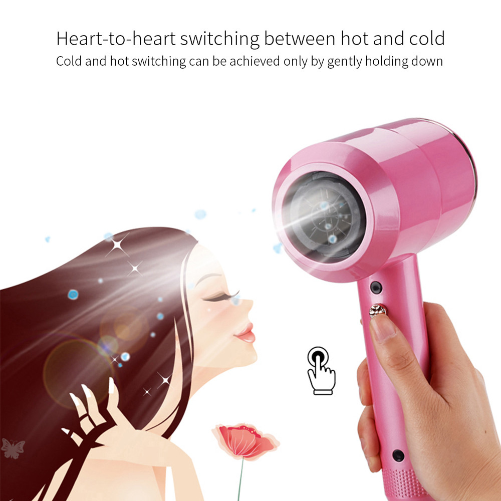 Pink hair dryer held by hand, illustrating hot and cold air switching with animated woman and flower