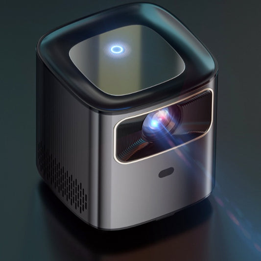 Compact black mini portable projector with 1080p HD output and 5G WiFi, projecting blue light