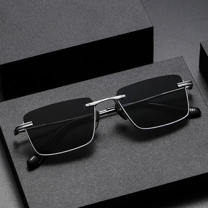 Black and gray polarized retro-style sunglasses with gunmetal frame on textured dark surface
