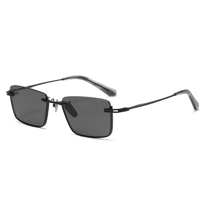 Black and gray polarized rectangular sunglasses with thin metal frame and retro style