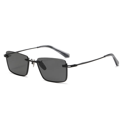 Black and gray polarized rectangular sunglasses with thin metal frame and retro style