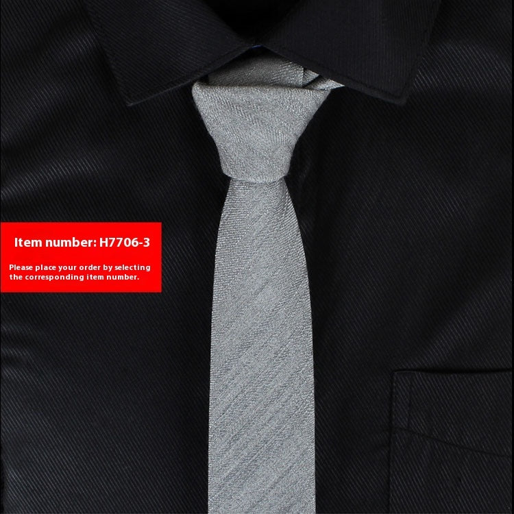 Silver slim cotton tie on black dress shirt, narrow 6cm business casual style