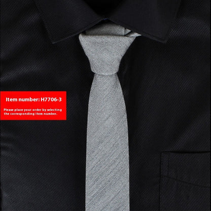 Silver slim cotton tie on black dress shirt, narrow 6cm business casual style