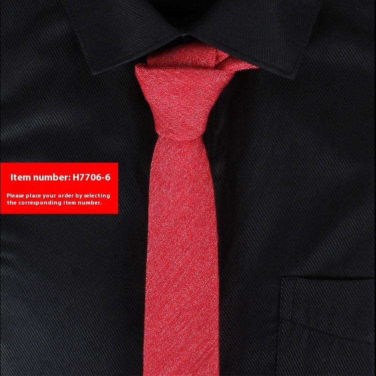 Slim 6cm red narrow cotton tie on black dress shirt for business or wedding