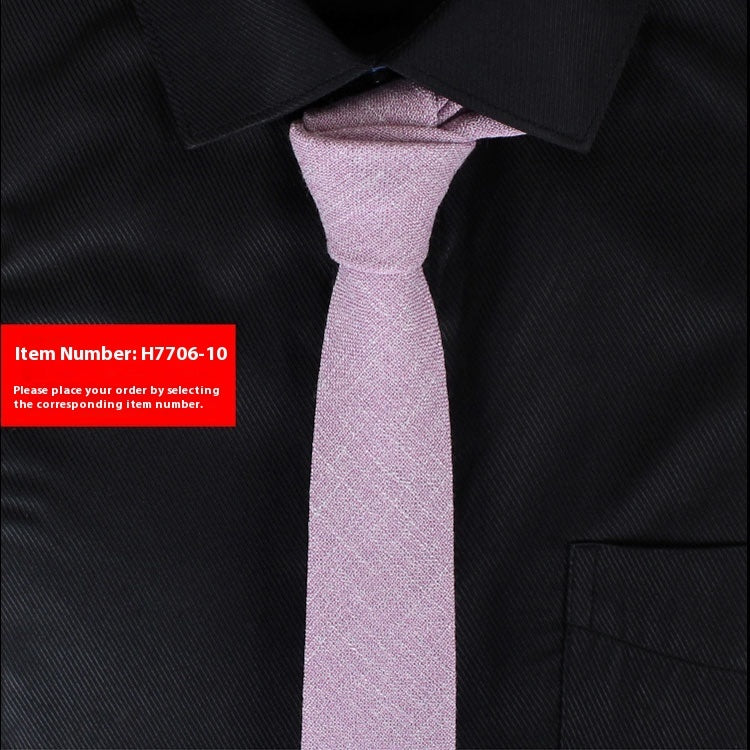 Light pink slim cotton tie on black dress shirt, business and wedding accessory