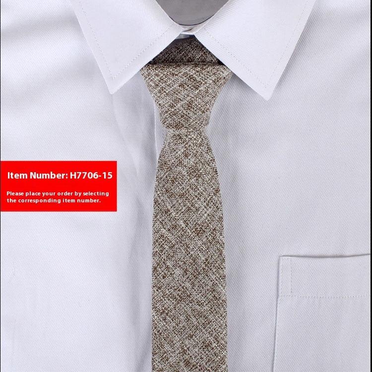 Slim brown textured cotton tie paired with white dress shirt, business casual style