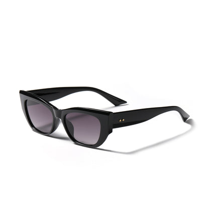Black thick-framed retro sunglasses with square gradient lenses on white background
