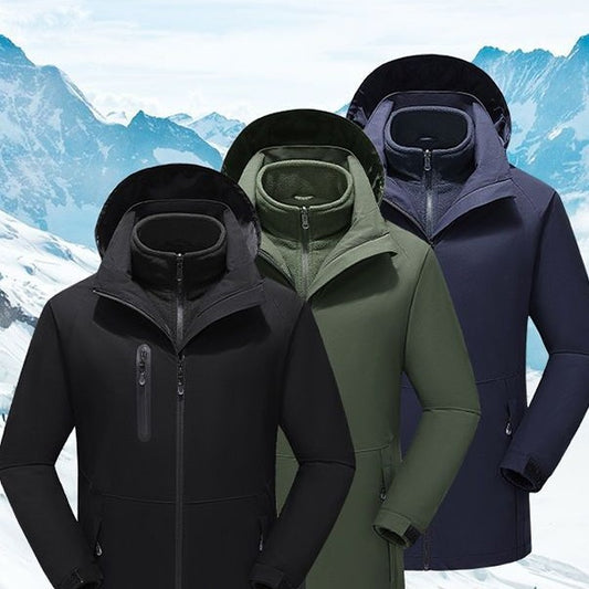 Three smart electric heated jackets in black, green, and navy with waterproof and windproof features against snowy mountain background