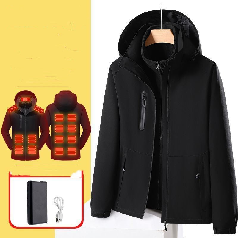 Black waterproof windproof smart electric heated jacket with battery pack and USB cable