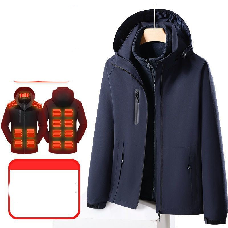 black smart electric heated jacket with waterproof hood and multiple heating zones illustration