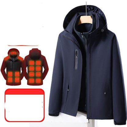 black smart electric heated jacket with waterproof hood and multiple heating zones illustration