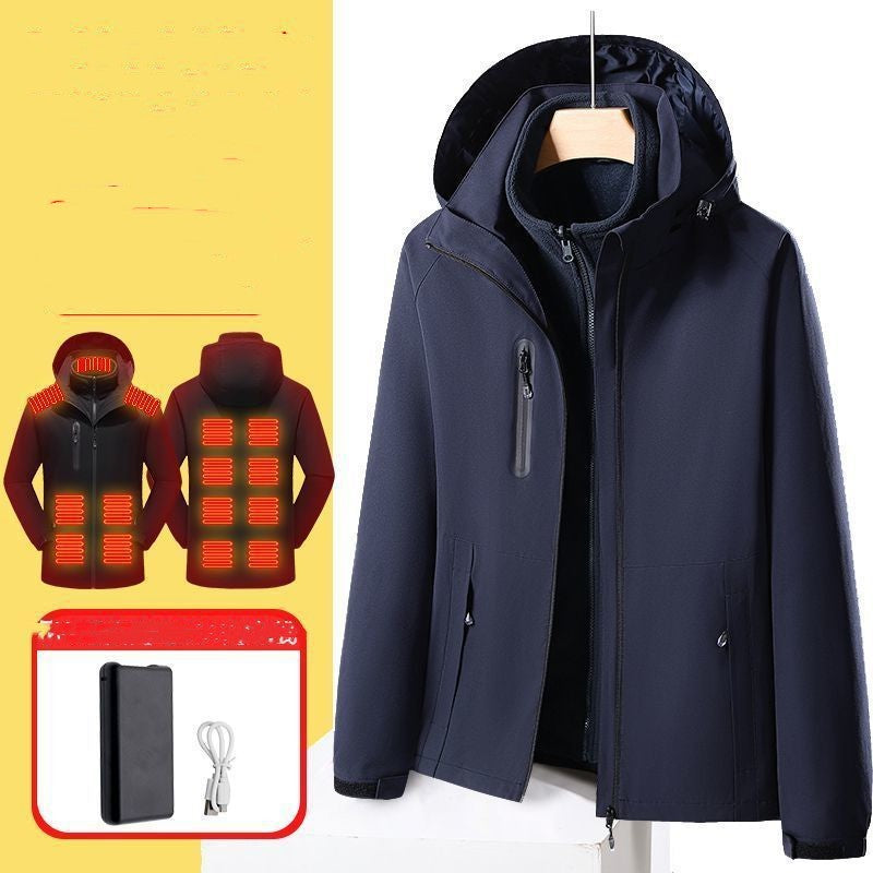 Black smart electric heated jacket with hood, waterproof and windproof, shown with battery pack and heating zones