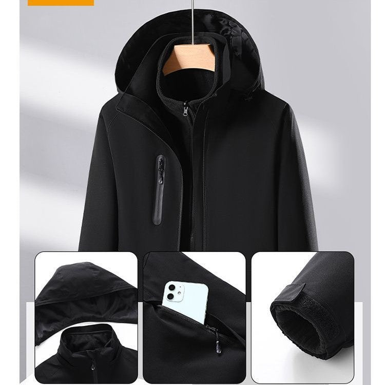 Black smart heated jacket with waterproof, windproof features, removable hood, zippered chest pocket, and adjustable cuff