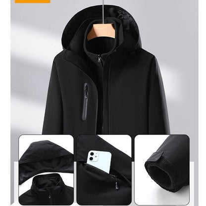 Black smart heated jacket with waterproof, windproof features, removable hood, zippered chest pocket, and adjustable cuff