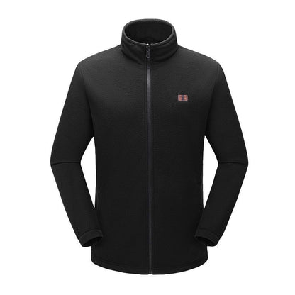 Black smart electric heated jacket with full zipper and high collar, fleece texture