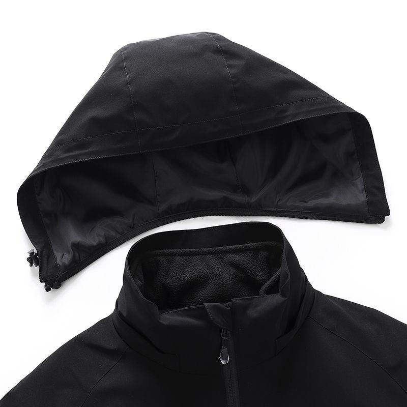 Black detachable hood and collar of waterproof windproof heated jacket with fleece lining