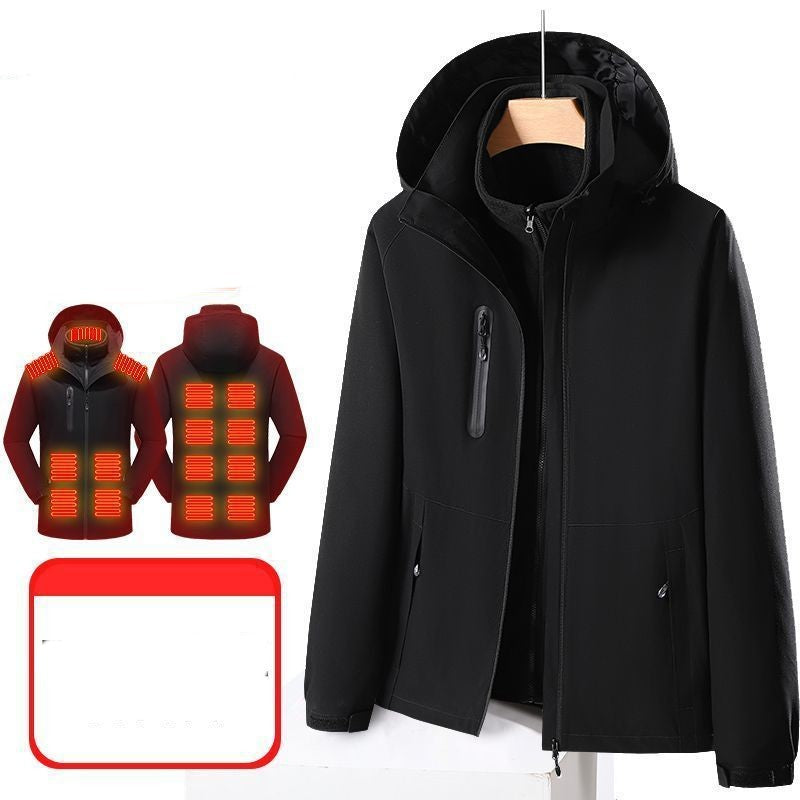 Black Trendoligy smart electric heated jacket with waterproof hood, showing heating zones on front and back