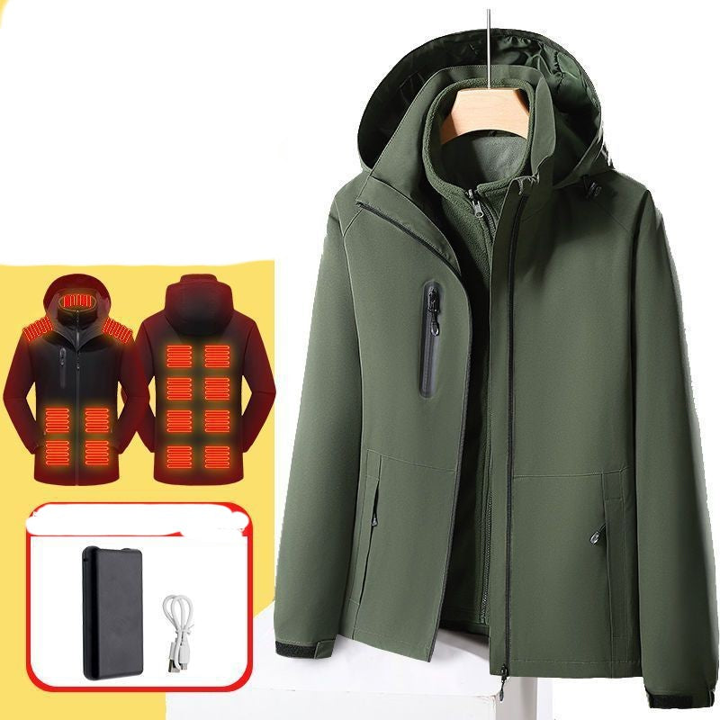 olive green smart electric heated jacket with waterproof, windproof design and rechargeable battery pack