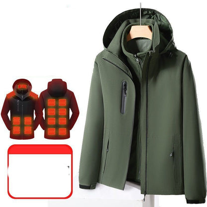 Green smart electric heated jacket with waterproof and windproof design hanging on a wooden hanger