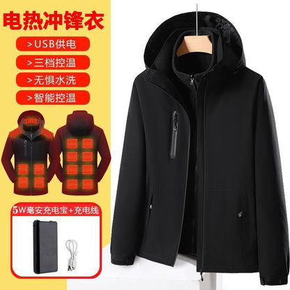 Black smart electric heated jacket with waterproof and windproof features, USB powered, with removable inner lining