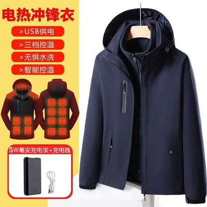 black smart electric heated jacket with USB power bank and temperature control features
