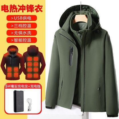 Olive green smart electric heated jacket with waterproof and windproof design, USB powered