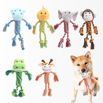 Set of six colorful animal rope dog toys including hippo, duck, elephant, monkey, crocodile, giraffe with a Shiba Inu dog playing with giraffe toy