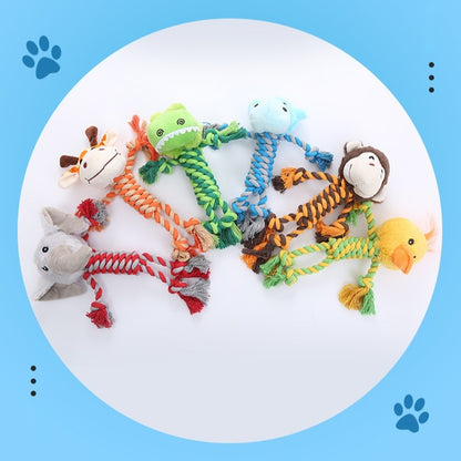 Set of colorful animal-shaped dog chew toys with plush heads and braided rope bodies on white background