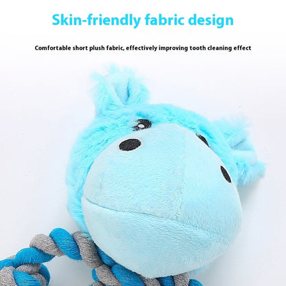 Blue hippo plush dog toy with soft fabric and rope for dental cleaning and biting