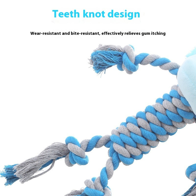 Blue and gray twisted rope hippo plush dog chew toy with knots for bite resistance and molar cleaning