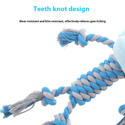Blue and gray twisted rope hippo plush dog chew toy with knots for bite resistance and molar cleaning