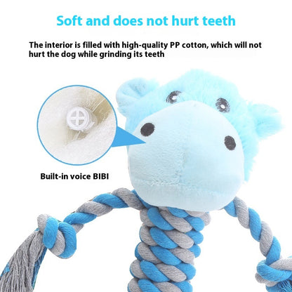 Blue and gray hippo plush dog toy with soft cotton filling and built-in squeaker for teeth grinding