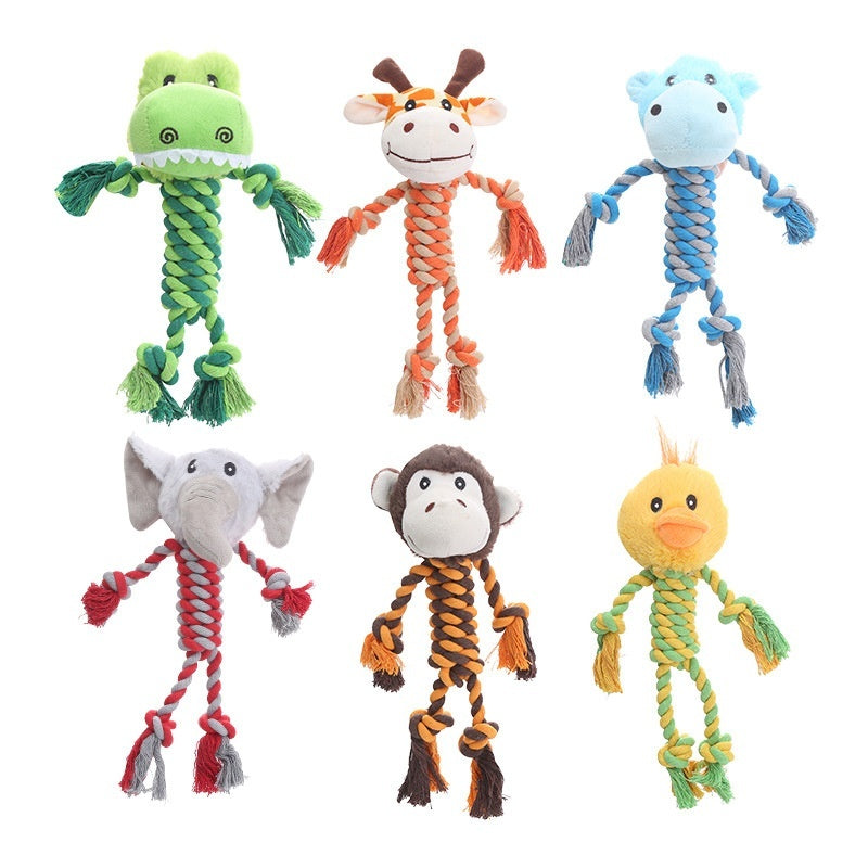Set of six colorful chew-resistant dog toys with animal heads and braided rope bodies