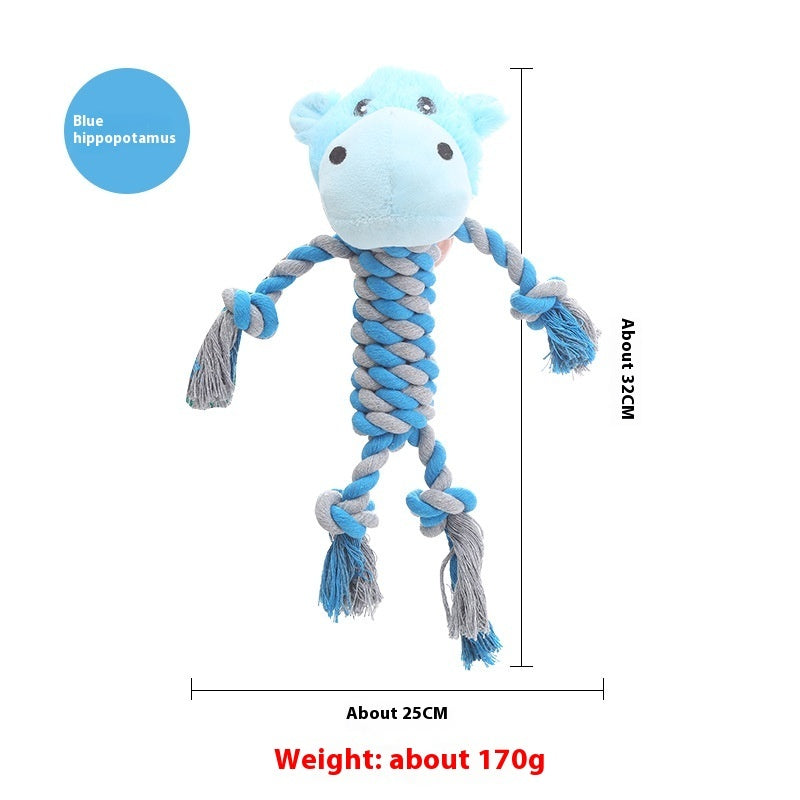 Blue hippopotamus plush dog toy with chew-resistant braided rope body and limbs